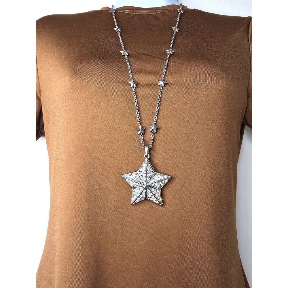 Pavé Star Pendant Necklace 28” Silver Tone Long Chain Celestial Y2K Whimsygoth
